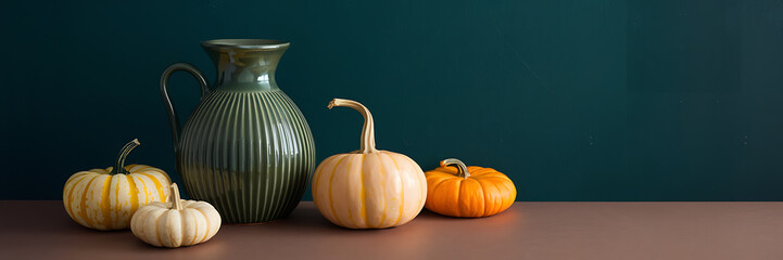 Green vase and orange pumpkins on a brown table with a teal background  autumn harvest  cozy and inviting   