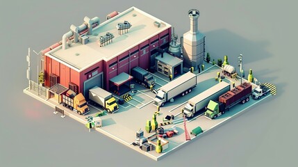 Obraz premium Low Poly Isometric View of Industrial Complex with Trucks