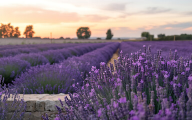 Fototapeta premium Purple lavender field sunset romantic nature background 