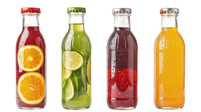 Various set of colors fresh fruit juice in glass bottles isolated on transparent background - Powered by Adobe