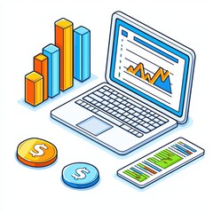 Laptop with financial graphs, charts, and coins on a white background.