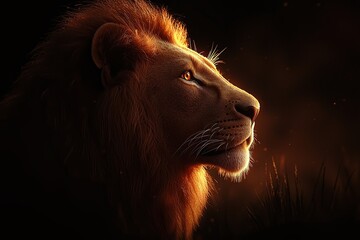 Naklejka premium Majestic lion profile against a dark backdrop, highlighting strength and elegance.