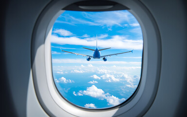 Airplane window view blue sky white clouds travel freedom  