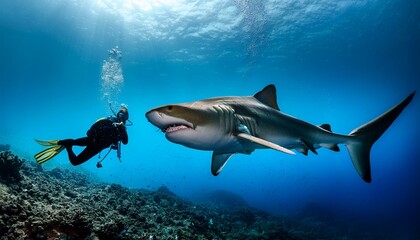 Fototapeta premium Tiger shark with open mouth and scuba diver