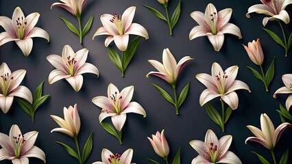 seamless dark background wallpaper backdrop with high angle Lily flower pattern