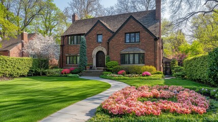 Charming Brick House with Blooming Garden Pathway