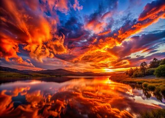 Stunning Landscape of Fire in the Clouds at Sunset - Dramatic Skies and Vibrant Colors