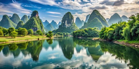 Fototapeta premium Stunning Landscape of Guilin: Li River and Karst Mountains in Yangshuo County, Lush Green Trees and Serene Waters
