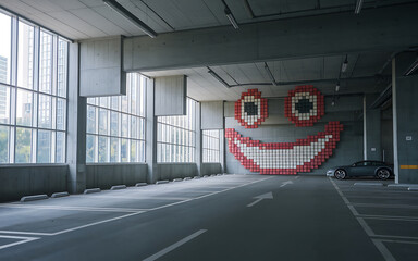 Modern parking garage with red and white smiley face wall art and a black car   