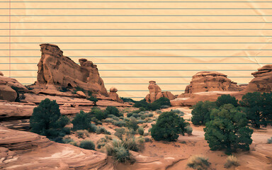 Red rock formations and green trees in a desert landscape  a vintage aesthetic  evoking adventure and exploration   
