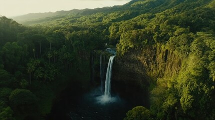 A cascading waterfall plunges down a sheer cliff face, surrounded by lush green rainforest.