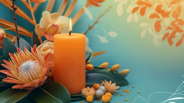 Burning candle with exotic flowers and tropical leaf on blurred background. Yoga and spa aromatherapy concept. Day of the Dead celebration. Wellness and zen. Banner with copy space