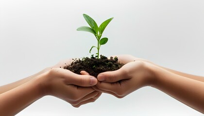 Two hands softly cradling a tiny plant with soil on a white background