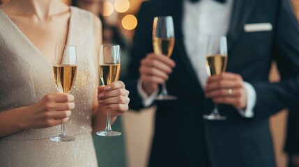 Elegant celebration with champagne glasses, showcasing a couple dressed in formal attire enjoying a special moment together.