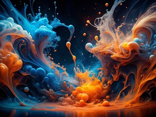 Obraz premium Stunning Night Photography of Blue and Orange Liquid Ink Churning Together in a Realistic 3D Digital Art Illustration