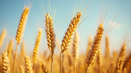 A close-up of golden wheat stalks swaying in a gentle breeze under a clear blue sky.