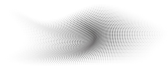 Fototapeta na wymiar Flowing Wave Dot Halftone Pattern: Curve Gradient Shape on Transparent Background. Suitable for AI, Tech, Network, Digital, Science, and Technology Themes