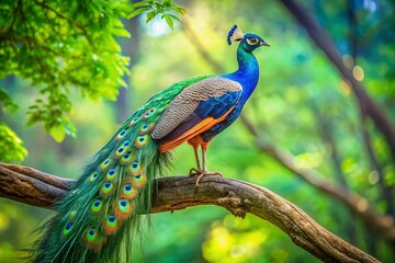 Obraz premium Stunning Peacock Perched on Tree Branch - Vibrant Colors and Nature's Beauty Captured in Food Photography