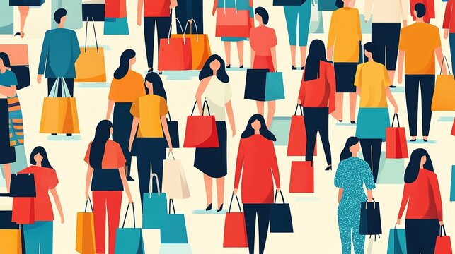 A vibrant illustration of diverse shoppers carrying colorful bags, depicting a busy shopping scene with people in various outfits.