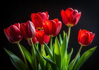 Fototapeta premium Stunning Red Tulips Isolated on Black Background for Elegant Fashion Photography