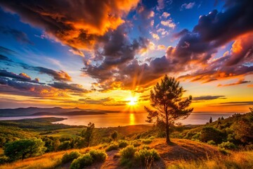 Obraz premium Stunning Silhouette Photography at Sunset Over a Serene Landscape with Vibrant Colors and Dramatic Sky for Nature