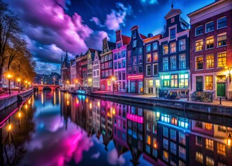 Fototapeta premium Stunning Silhouette Photography of a Cityscape Bathed in Pink and Blue Neon Lights at Night