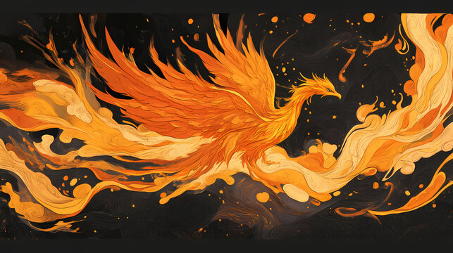 Ancient mythology. fire phoenix reborn from the ash. Golden Phoenix. Illustration