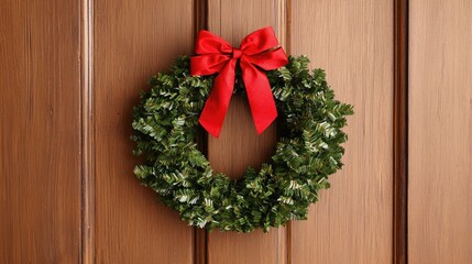 A festive green wreath with a red bow adorns a wooden door, symbolizing holiday cheer and seasonal decor.