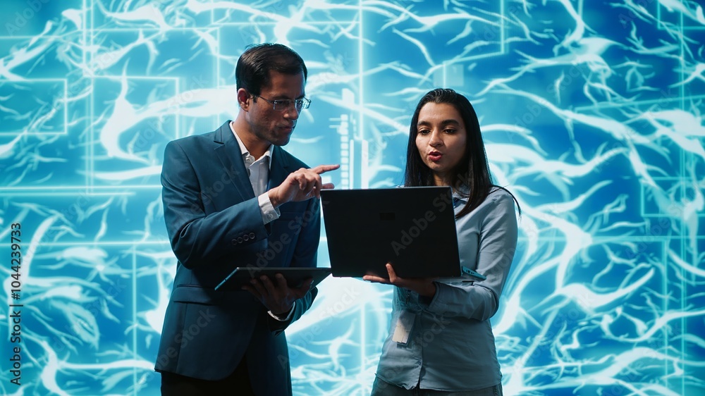 Poster it department colleagues solving tasks on laptop and tablet, running artificial intelligence program