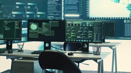 Advanced cyber surveillance room with no personnel present. Governmental agency ensuring national security through cyber security monitoring, data protection and malware detection. Camera A.