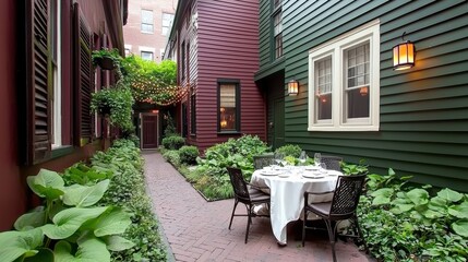 Cozy Brick Patio with Lush Greenery and Outdoor Dining Furniture in Historic Urban Setting