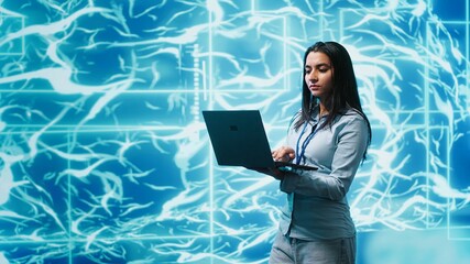 Software developer solving tasks on laptop, running artificial intelligence programming scripts....