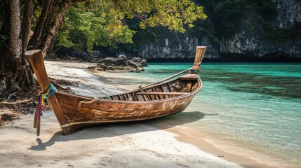 A wooden boat rests on a serene beach with clear turquoise waters and lush greenery.