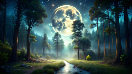 Watercolor enchanted forest with full moon and serene river under starry night sky