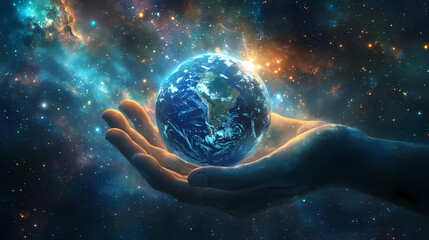 Cosmic being cradling planet earth in space - an evocative and imaginative illustration of a cosmic entity holding earth against a vibrant galactic backdrop. Celestial Guardian. Illustration