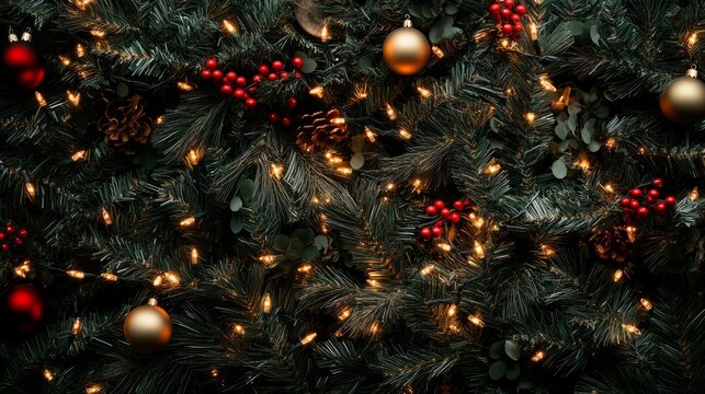 close-up christmas tree branches with shiny lights and ornaments