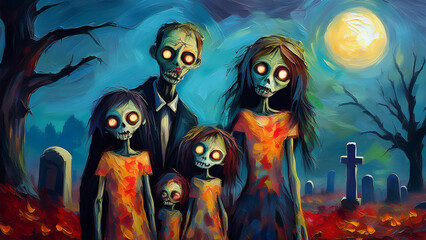 Zombie Family in a Cemetery Samsung Frame Tv Art Painting