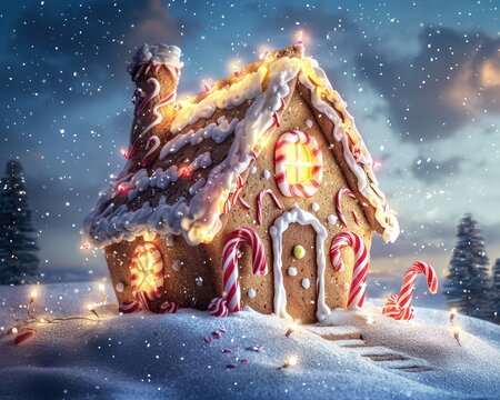 Festive gingerbread house with candy canes and icing, set on a snowy hill with twinkling lights