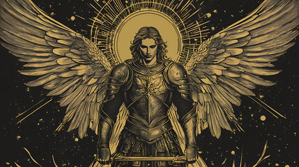 Biblical representation of the archangel michael in glorious battle armor. Celestial Guardian. Illustration