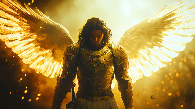 Biblical representation of the archangel michael in glorious battle armor. Celestial Guardian. Illustration