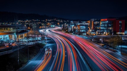 Obraz premium Nighttime urban scene with light trails from vehicles on a busy road and illuminated buildings.