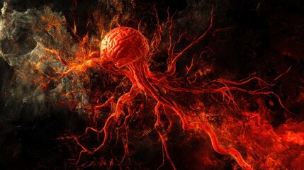 A surreal depiction of a brain-like structure with fiery tendrils against a dark background.
