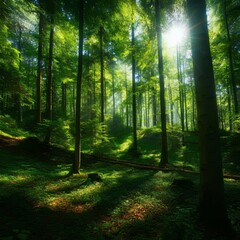 Fototapeta premium Lush green forest with sunlight filtering through the trees