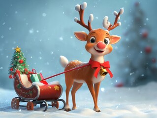 Adorable reindeer with a bow around its neck and a bell, standing beside a decorated sleigh