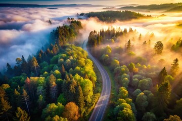 Obraz premium Surreal Foggy Forest Road Aerial View - Majestic Landscape Photography for Nature Lovers