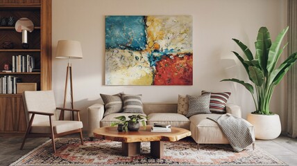 Bohemian Modern living room interior with a colorful abstract painting, a wooden coffee table, and a comfortable sofa.