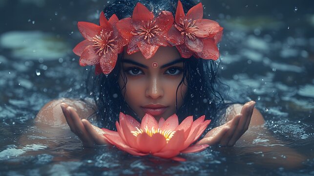 Serene Woman with Lotus in Water and Floral Headpiece