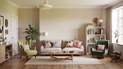 Obraz premium Bohemian A cozy living room with a white sofa, two armchairs, a coffee table, a bookshelf, a plant, and a window.