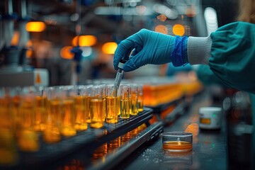 A scientist in gloves is conducting experiments with test tubes filled with yellow liquid.