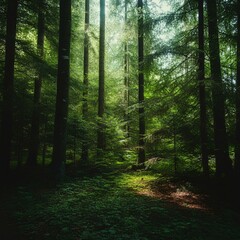 Fototapeta premium Lush green forest with sunlight filtering through the trees